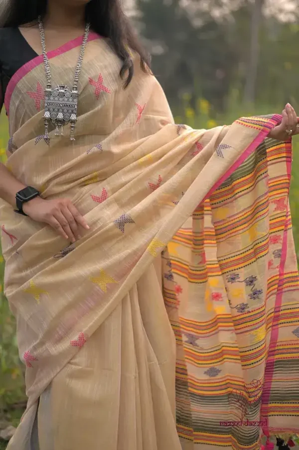 Biscuit with Pink Border Pure Cotton silk saree
