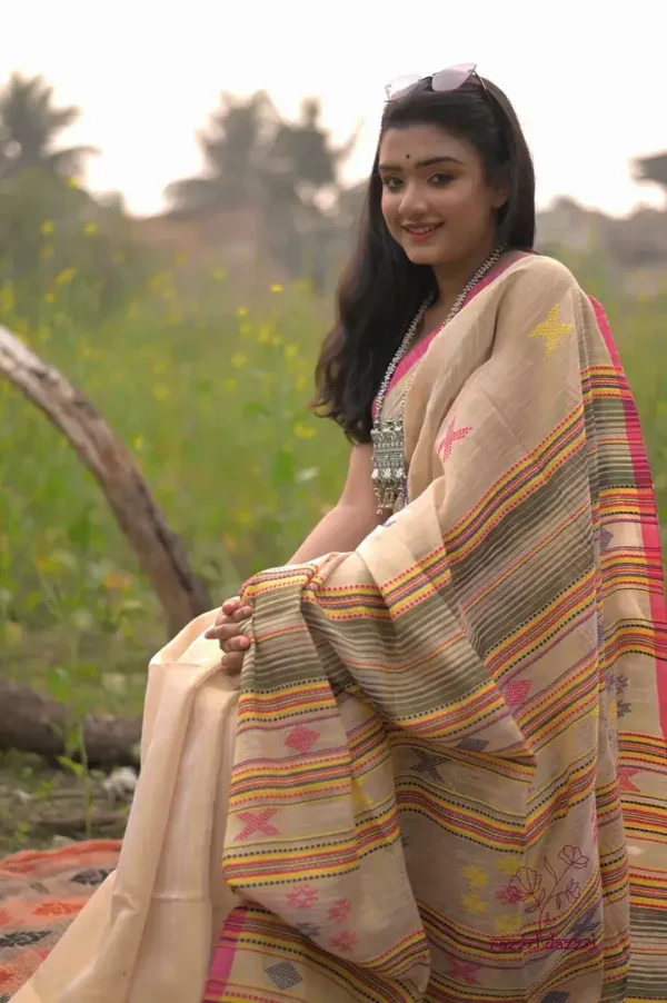 Biscuit with Pink Border Pure Cotton silk saree