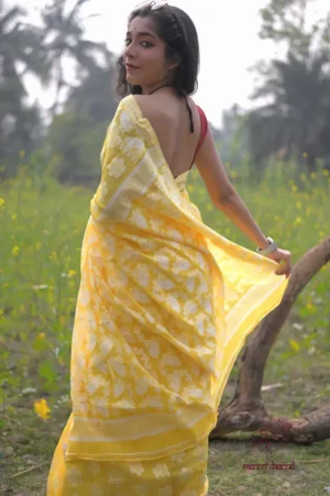 Light lemon yellow on White floral work Pure Resham silk Soft Jamdani saree