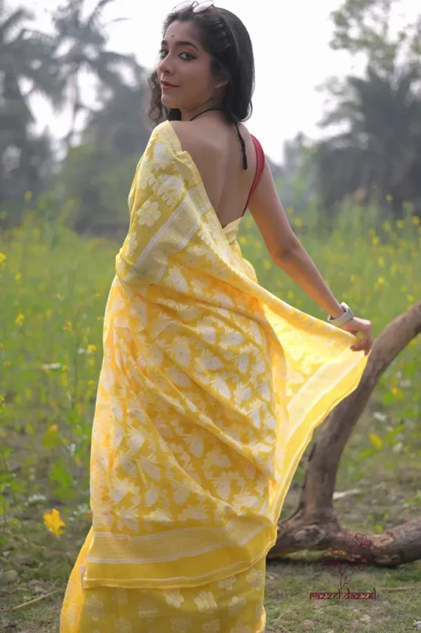 Light lemon yellow on White floral work Pure Resham silk Soft Jamdani saree