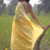 Light lemon yellow on White floral work Pure Resham silk Soft Jamdani saree
