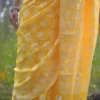 Light lemon yellow on White floral work Pure Resham silk Soft Jamdani saree