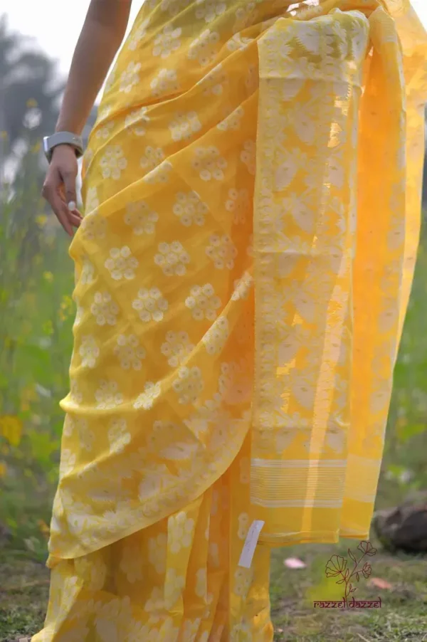 Light lemon yellow on White floral work Pure Resham silk Soft Jamdani saree