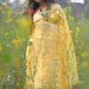 Light lemon yellow on White floral work Pure Resham silk Soft Jamdani saree