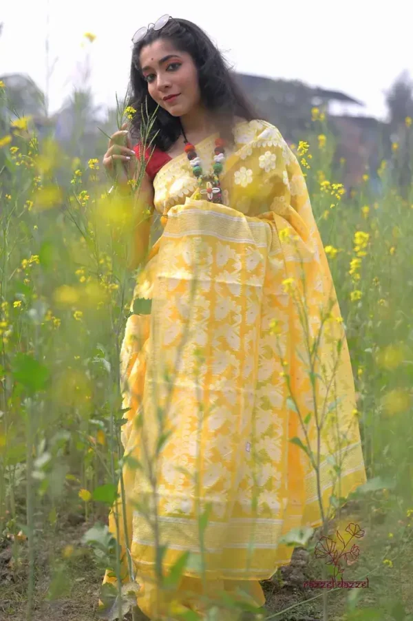 Light lemon yellow on White floral work Pure Resham silk Soft Jamdani saree