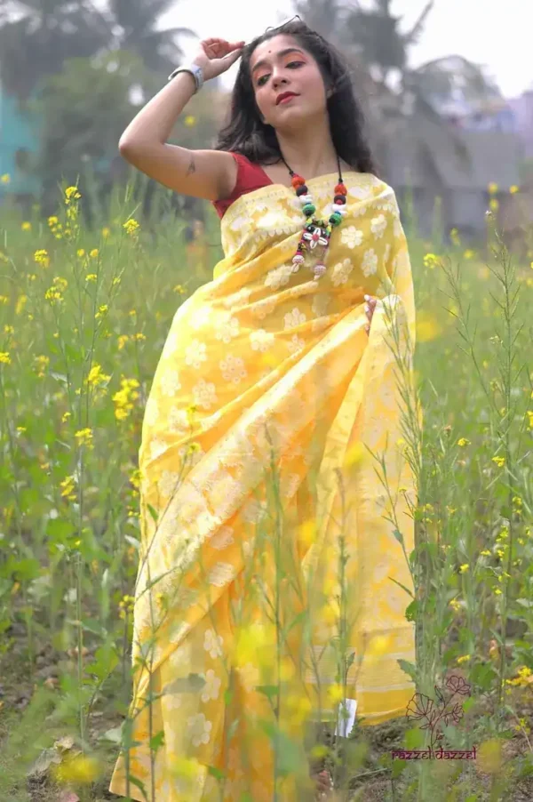 Light lemon yellow on White floral work Pure Resham silk Soft Jamdani saree