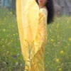 Light lemon yellow on White floral work Pure Resham silk Soft Jamdani saree