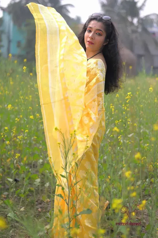 Light lemon yellow on White floral work Pure Resham silk Soft Jamdani saree