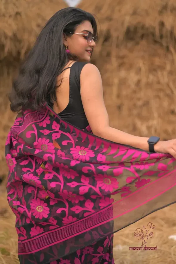 Black on pink floral work n Temple border Pure Resham silk Soft Jamdani saree