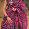 Black on pink floral work n Temple border Pure Resham silk Soft Jamdani saree