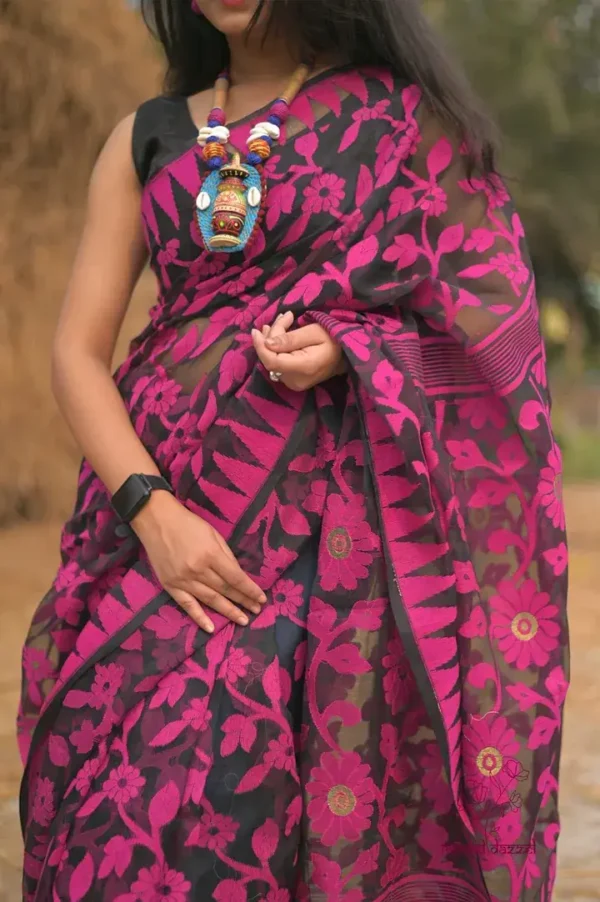 Black on pink floral work n Temple border Pure Resham silk Soft Jamdani saree