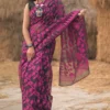 Black on pink floral work n Temple border Pure Resham silk Soft Jamdani saree