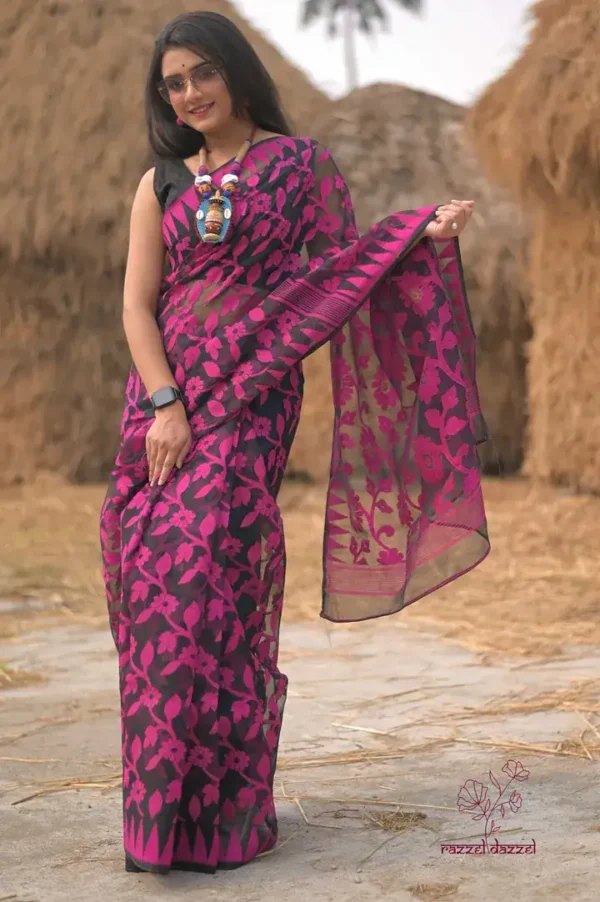 Black on pink floral work n Temple border Pure Resham silk Soft Jamdani saree