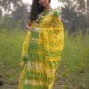 Yellow on Green n White whole body Butta Pure Resham silk Soft Jamdani saree