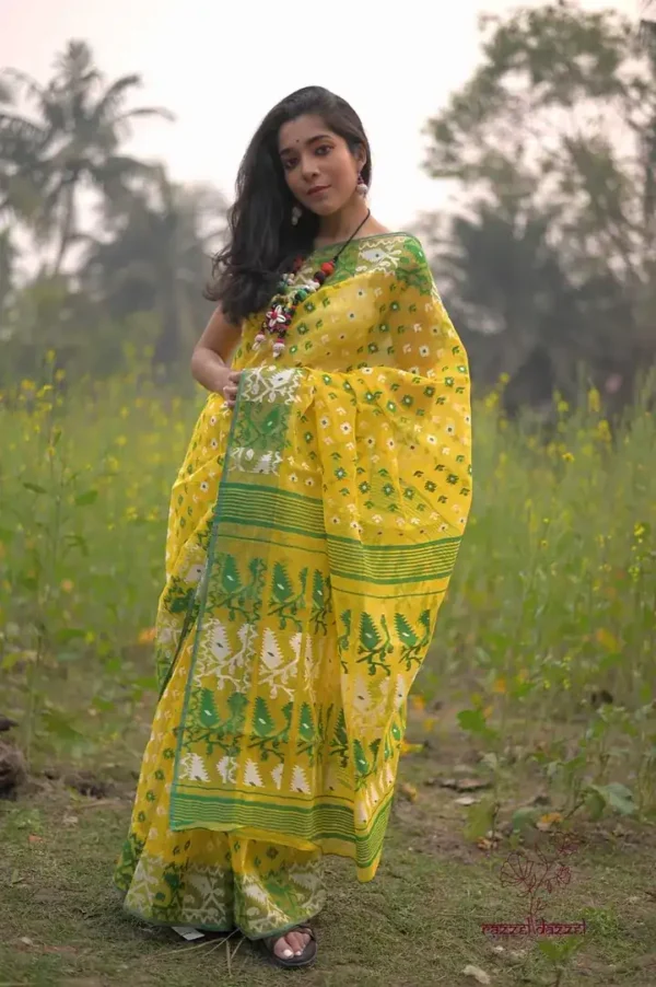 Yellow on Green n White whole body Butta Pure Resham silk Soft Jamdani saree