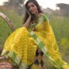 Yellow on Green n White whole body Butta Pure Resham silk Soft Jamdani saree