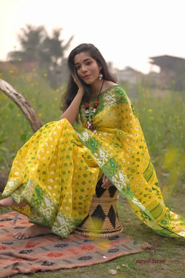 Yellow on Green n White whole body Butta Pure Resham silk Soft Jamdani saree