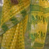 Yellow on Green n White whole body Butta Pure Resham silk Soft Jamdani saree