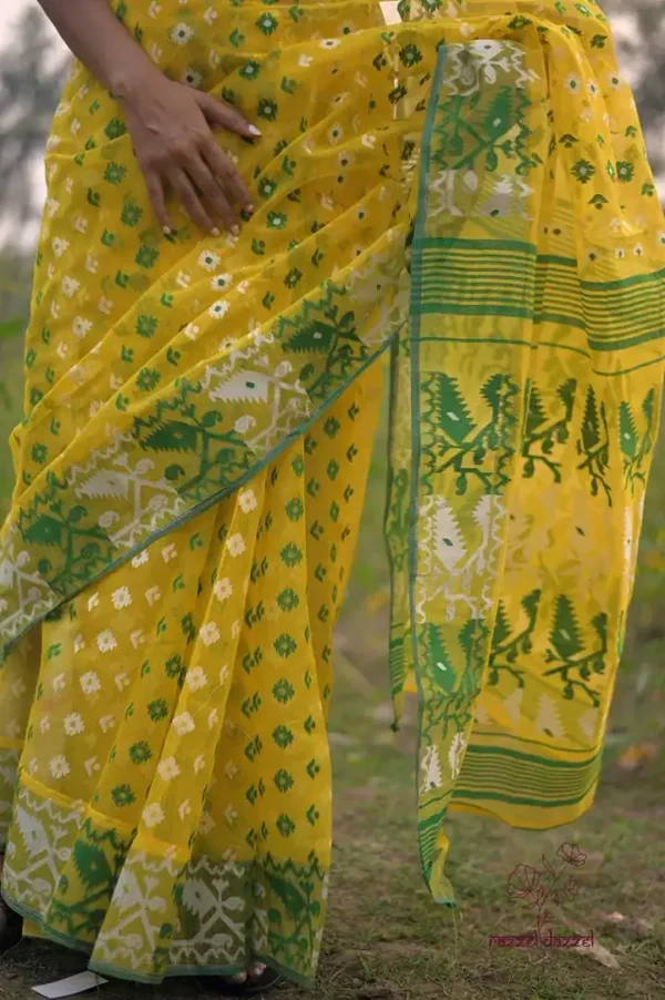 Yellow on Green n White whole body Butta Pure Resham silk Soft Jamdani saree