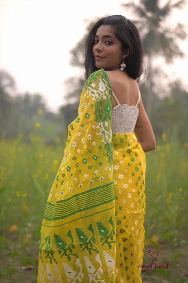 Yellow on Green n White whole body Butta Pure Resham silk Soft Jamdani saree