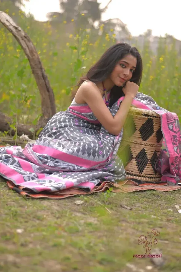 Grey on White butta n Pink border Pure Resham silk Soft Jamdani saree