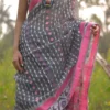 Grey on White butta n Pink border Pure Resham silk Soft Jamdani saree