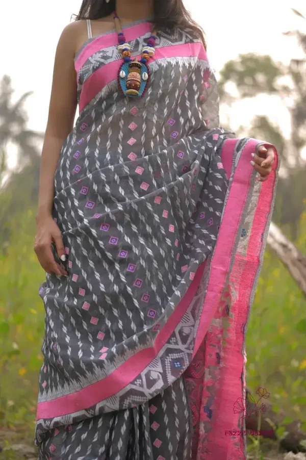Grey on White butta n Pink border Pure Resham silk Soft Jamdani saree