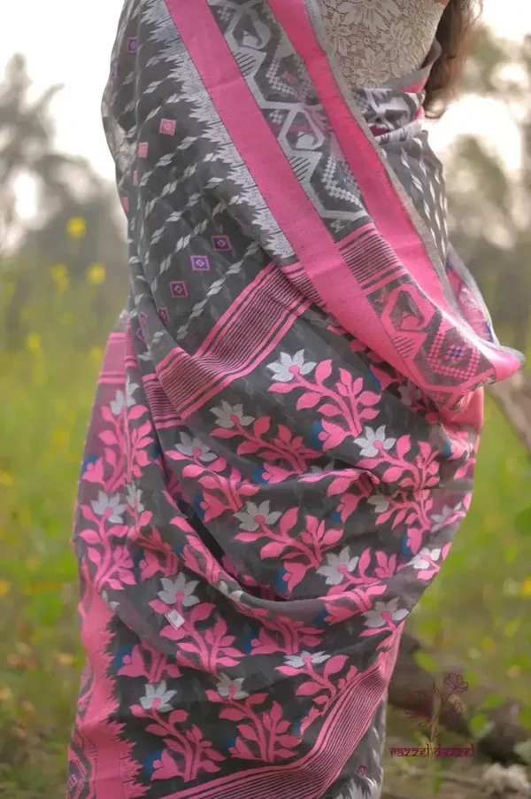 Grey on White butta n Pink border Pure Resham silk Soft Jamdani saree