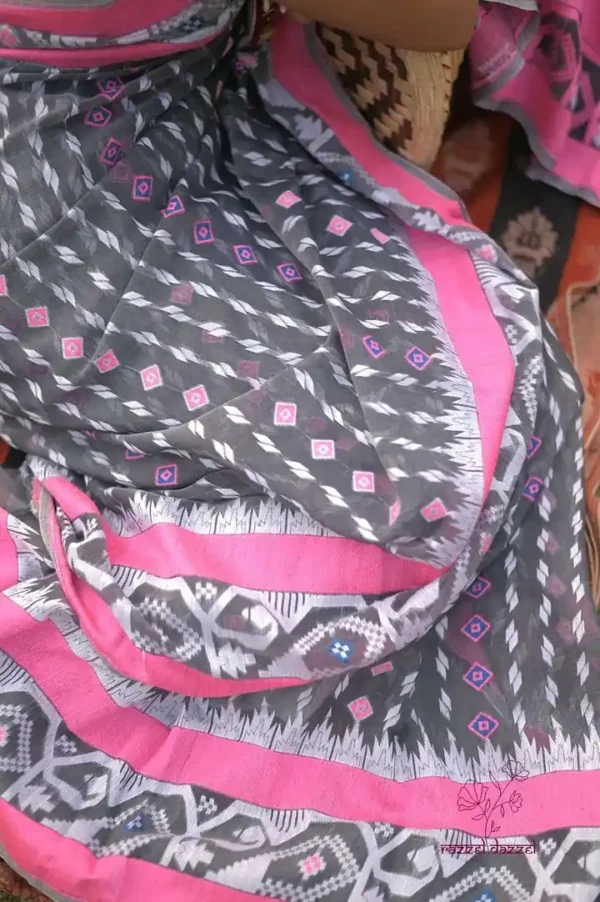 Grey on White butta n Pink border Pure Resham silk Soft Jamdani saree