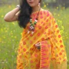 Yellow on pink butta n Temple Border Pure Resham silk Soft Jamdani saree