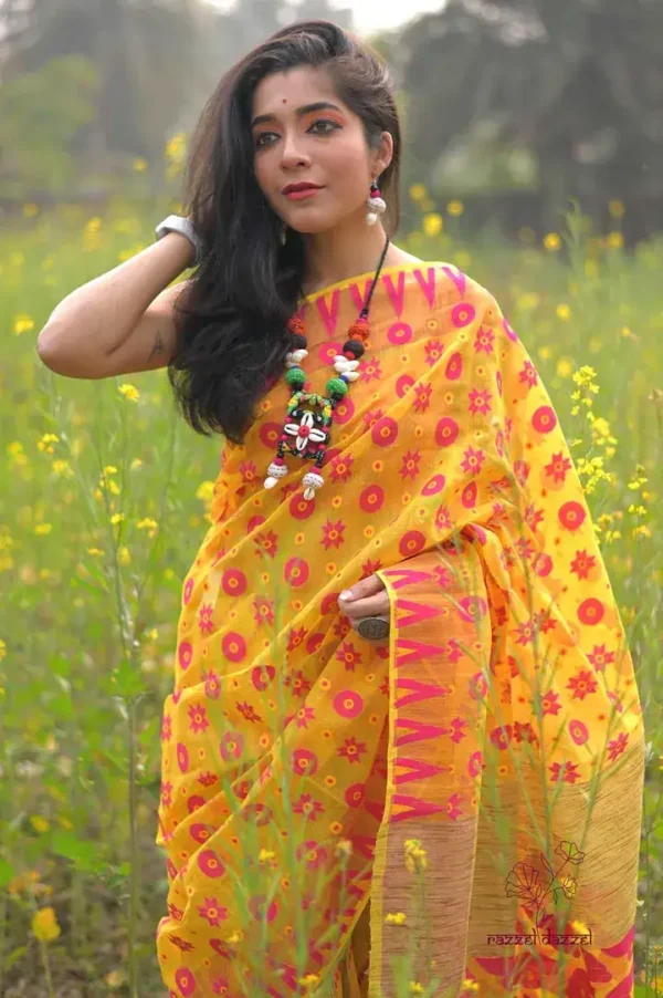 Yellow on pink butta n Temple Border Pure Resham silk Soft Jamdani saree