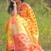 Yellow on pink butta n Temple Border Pure Resham silk Soft Jamdani saree