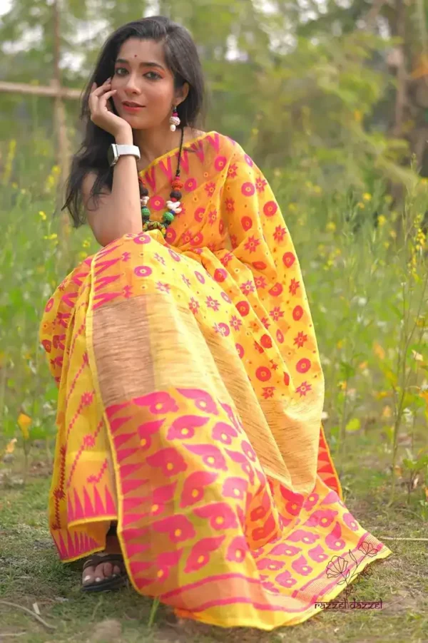 Yellow on pink butta n Temple Border Pure Resham silk Soft Jamdani saree