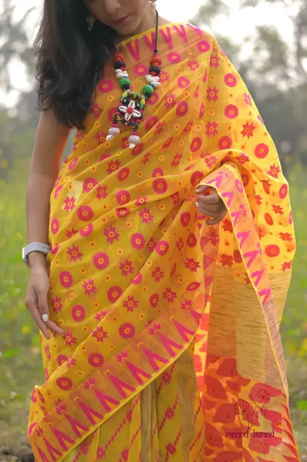 Yellow on pink butta n Temple Border Pure Resham silk Soft Jamdani saree