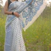 White on blue Butta n Temple border work Pure Resham silk Soft Jamdani saree