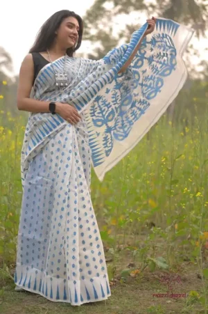 White on blue Butta n Temple border work Pure Resham silk Soft Jamdani saree