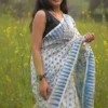 White on blue Butta n Temple border work Pure Resham silk Soft Jamdani saree