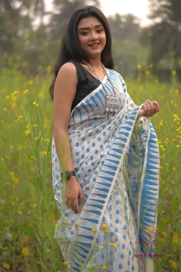 White on blue Butta n Temple border work Pure Resham silk Soft Jamdani saree