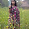 Dark green with pink n white floral work on Pure Resham silk Soft Jamdani saree