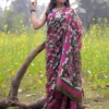 Dark green with pink n white floral work on Pure Resham silk Soft Jamdani saree
