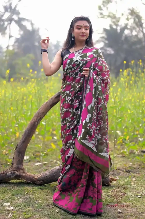 Dark green with pink n white floral work on Pure Resham silk Soft Jamdani saree