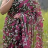 Dark green with pink n white floral work on Pure Resham silk Soft Jamdani saree