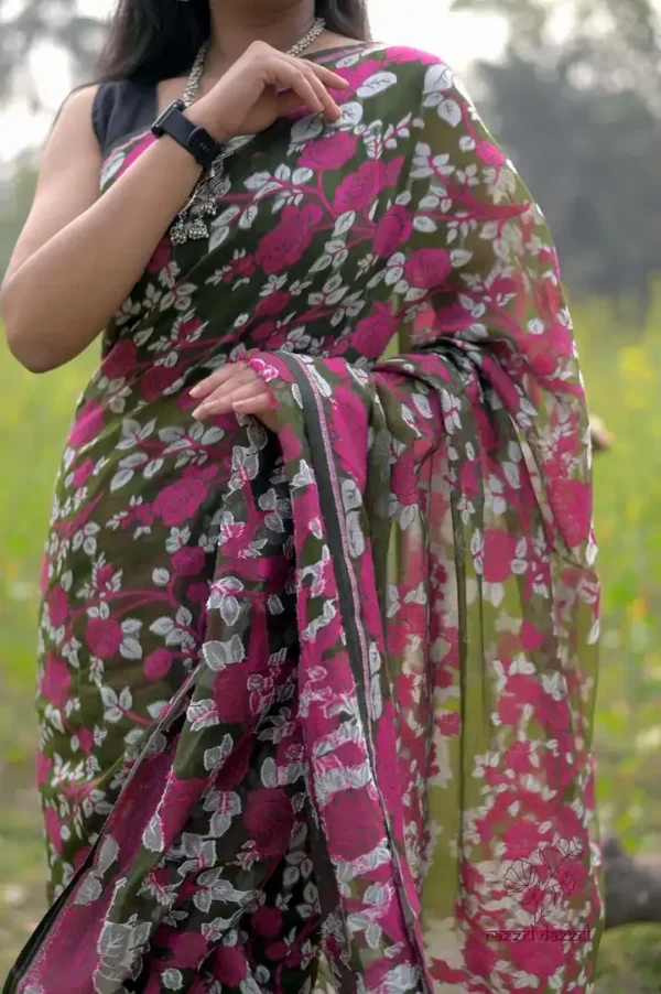 Dark green with pink n white floral work on Pure Resham silk Soft Jamdani saree