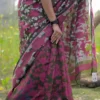 Dark green with pink n white floral work on Pure Resham silk Soft Jamdani saree