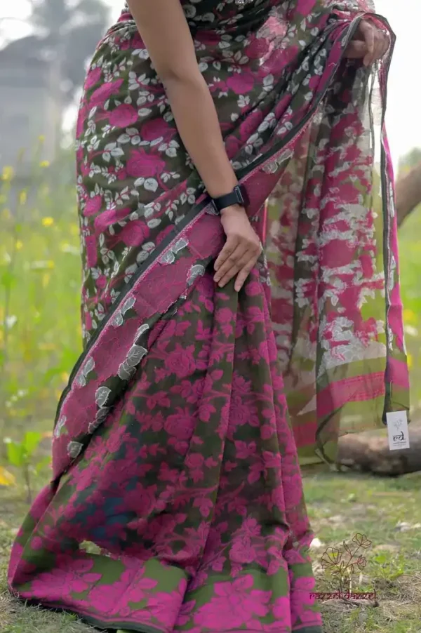 Dark green with pink n white floral work on Pure Resham silk Soft Jamdani saree