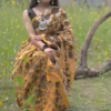 Mustard yellow with Black n White Pure Resham silk Soft Jamdani saree