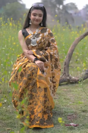 Mustard yellow with Black n White Pure Resham silk Soft Jamdani saree