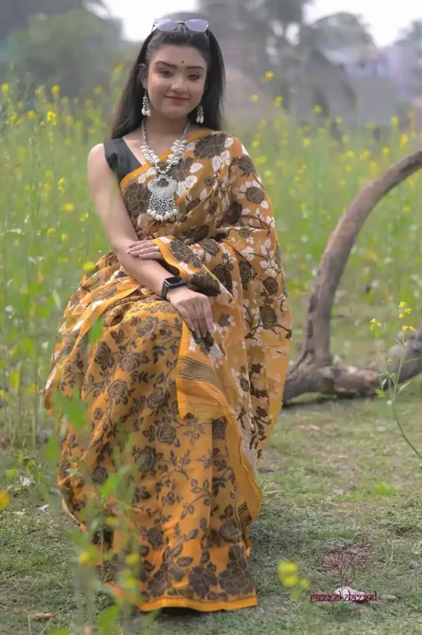 Mustard yellow with Black n White Pure Resham silk Soft Jamdani saree