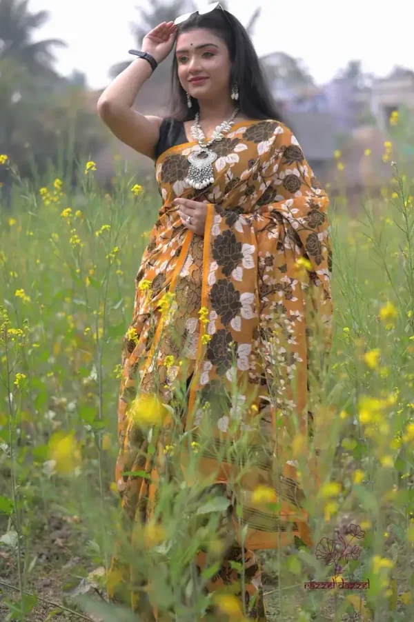 Mustard yellow with Black n White Pure Resham silk Soft Jamdani saree