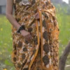 Mustard yellow with Black n White Pure Resham silk Soft Jamdani saree